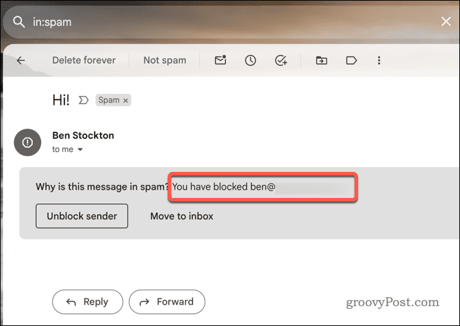 Ejemplo de un correo electrónico bloqueado en Gmail