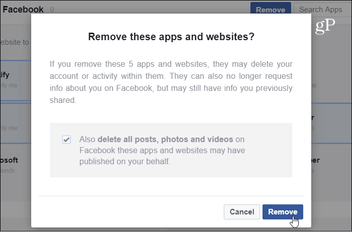 Verificar la eliminación del sitio web de la aplicación Facebook