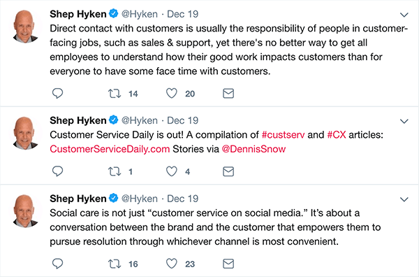 Esta es una captura de pantalla de tres tweets que Shep Hyken hizo sobre el servicio al cliente.