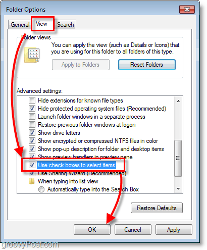 Captura de pantalla de Windows 7: vista de opciones de carpeta y casillas de verificación para seleccionar elementos