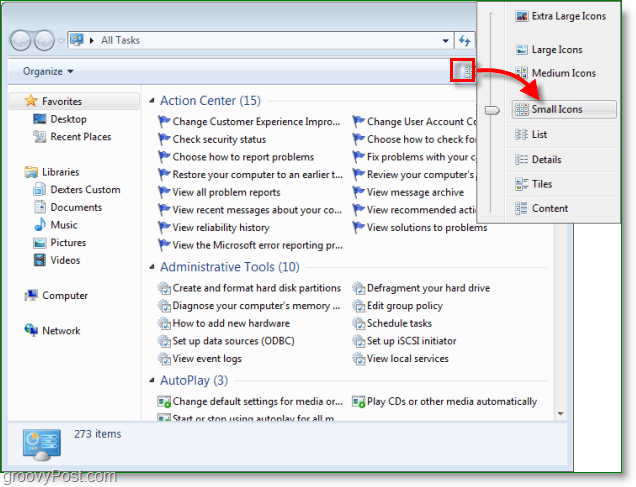 Captura de pantalla de Windows 7: todo listo, cambie a la vista de iconos pequeños