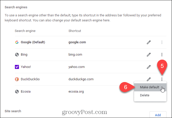 Seleccione Establecer como predeterminado para el motor de búsqueda que desea que sea el predeterminado en la página Nueva pestaña en Chrome