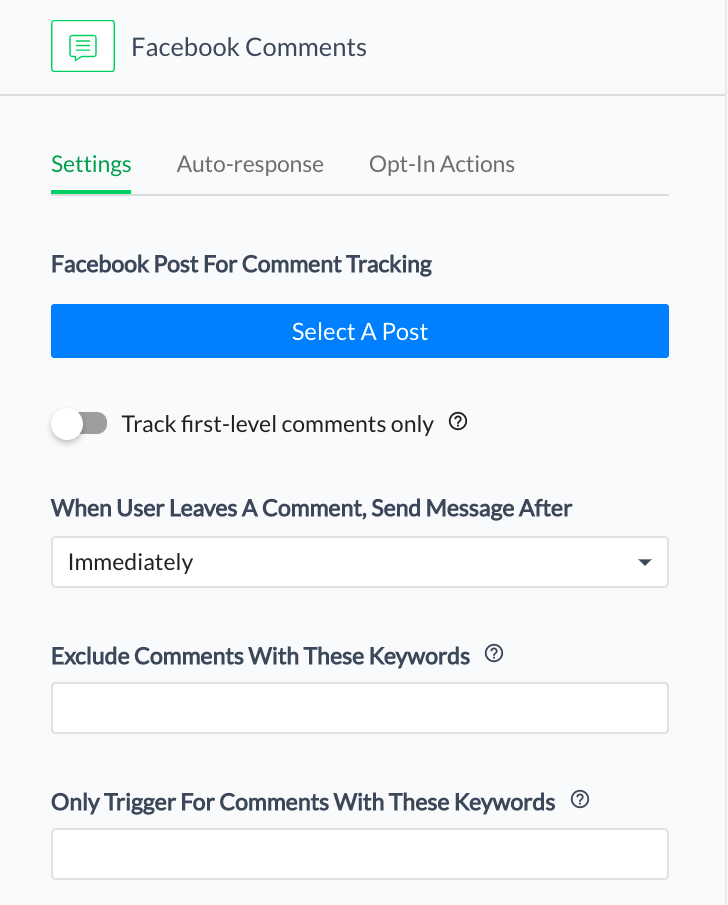 Elija su publicación de Facebook e ingrese la palabra clave que los usuarios escribirán en los comentarios para activar el bot.