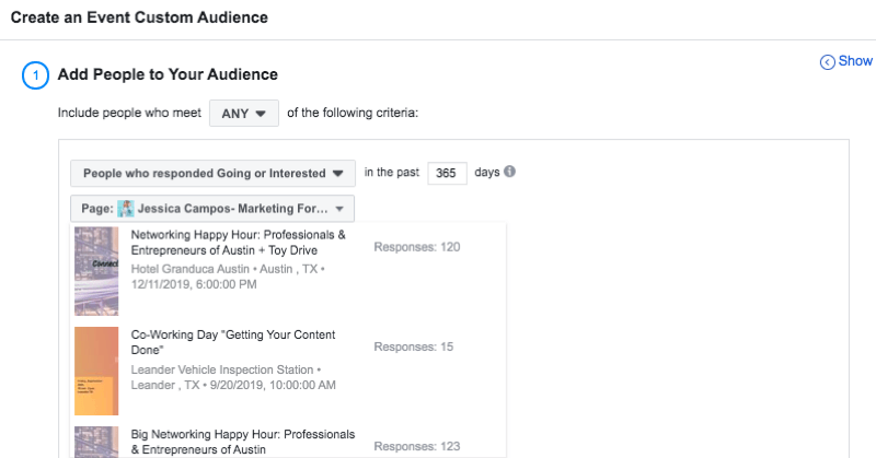 configurar una audiencia personalizada de Facebook de personas que respondieron al evento