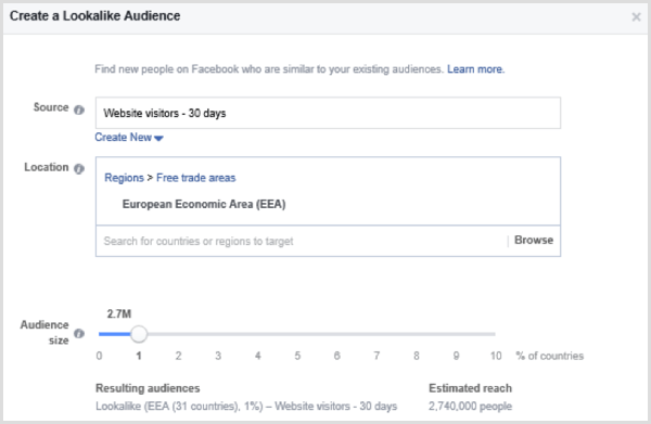 Elija opciones para configurar una audiencia similar a Facebook basada en una audiencia personalizada de visitantes del sitio web en los últimos 30 días