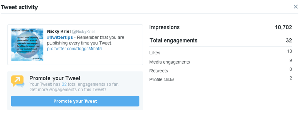 Haga clic en un tweet para ver más datos de participación en Twitter Analytics.