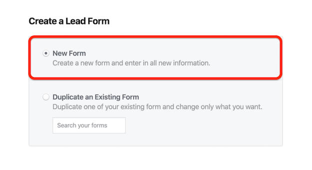 Nueva opción de formulario en la ventana Crear un formulario de cliente potencial