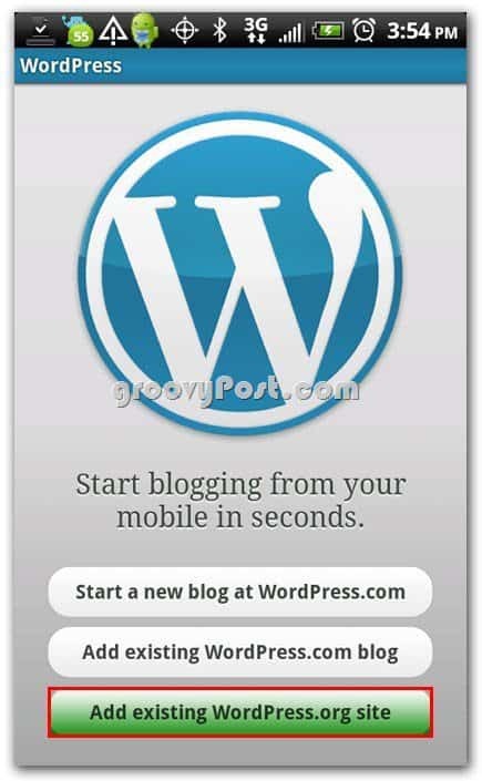 Wordpress en el menú de configuración de Android - Agregar sitio web existente
