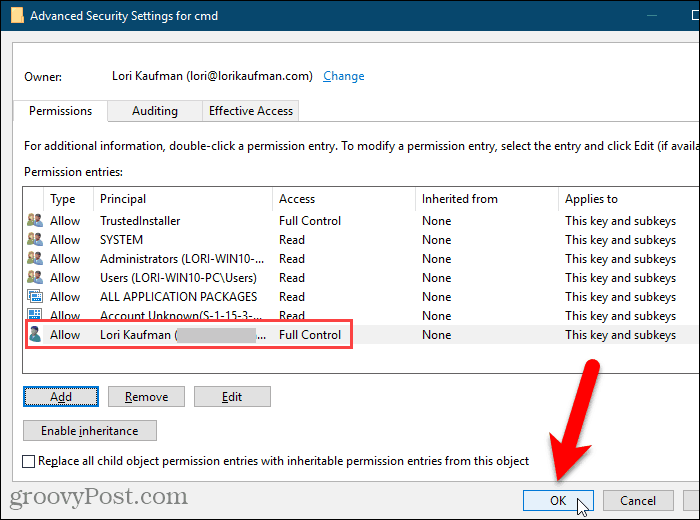 Cierre el cuadro de diálogo Configuración de seguridad avanzada en el Registro de Windows