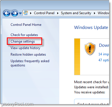 Windows 7: captura de pantalla del enlace de configuración de Windows Update