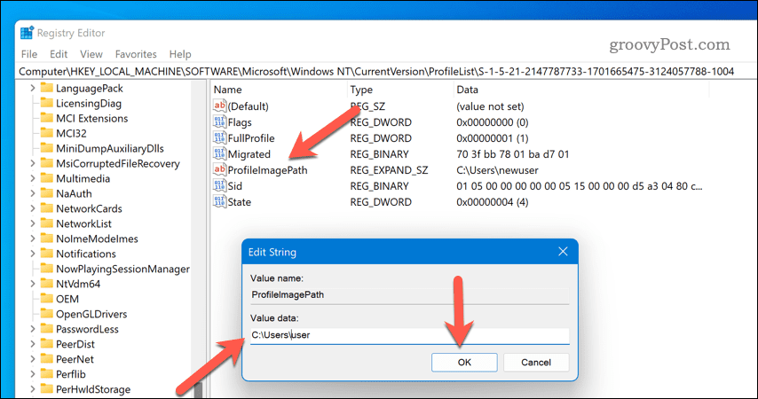 Cambiar el nombre de la ruta del perfil de usuario en Windows 11 regedit