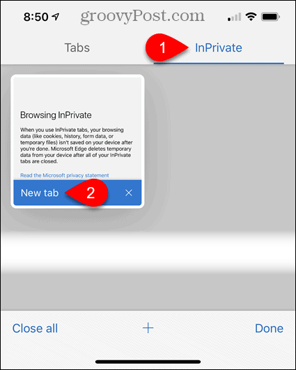 Toque InPrivate, luego toque Nueva pestaña en Edge para iOS