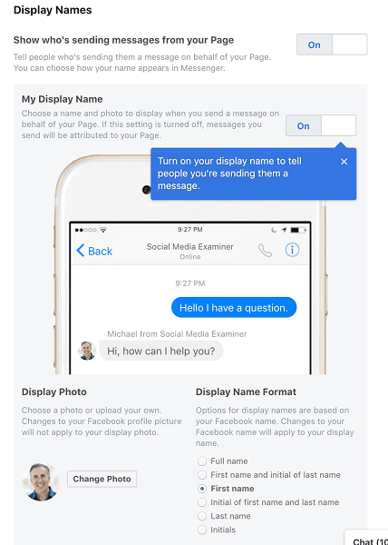 Facebook permite a los administradores de páginas seleccionar su nombre para mostrar cuando utilizan Messenger en nombre de su página o negocio.