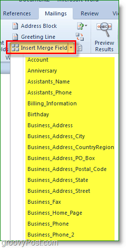 Captura de pantalla de Outlook 2010: inserte más campos personalizados, aunque opcional