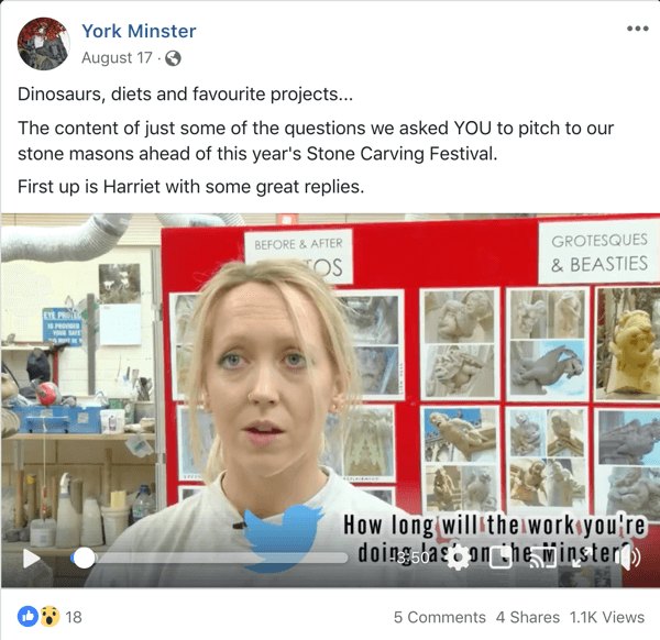 Ejemplo de publicación de Facebook que respalda una AMA de York Minster.