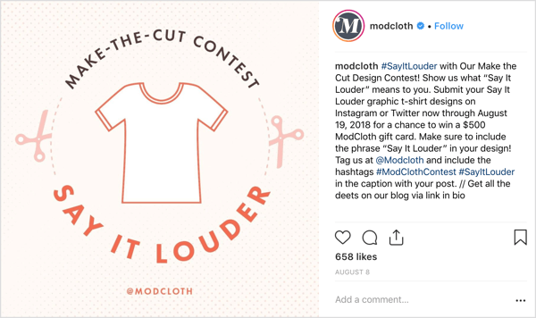 ModCloth pidió a los usuarios de Instagram que compartieran sus propios diseños en publicaciones originales y les ofreció un generoso incentivo (en proporción a la asignación): la oportunidad de ganar una tarjeta de regalo de $ 500.