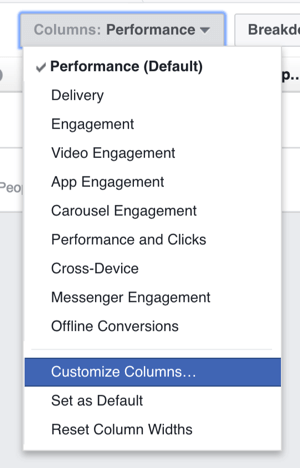 Puede personalizar las columnas que se muestran en la tabla de resultados de anuncios de Facebook.