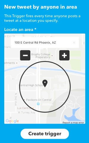 Cree un subprograma IFTTT que se active con los tweets de cualquier persona en un área designada.