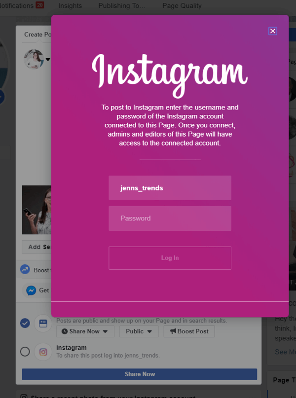 Cómo realizar publicaciones cruzadas en Instagram desde Facebook en el escritorio, paso 4, iniciar sesión en Instagram