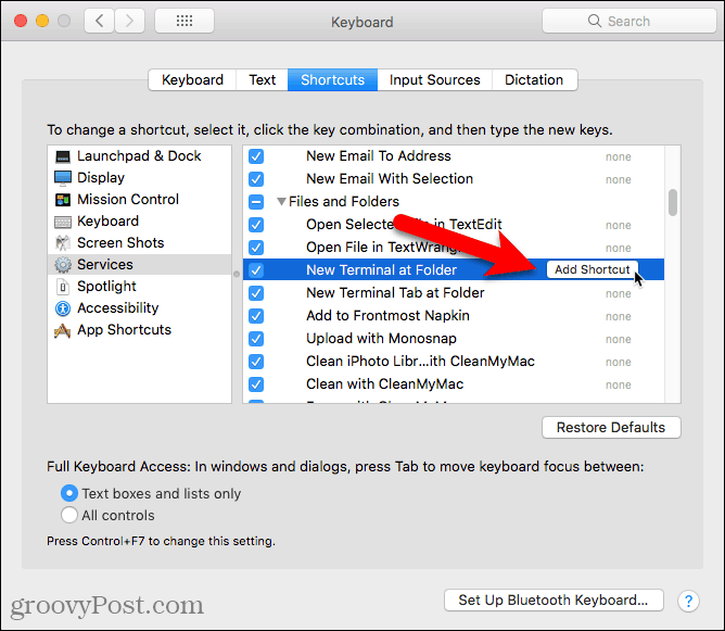 Haga clic en Agregar acceso directo para el nuevo terminal en el servicio de carpeta en una Mac