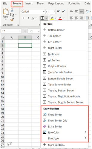 Opciones de borde en Excel