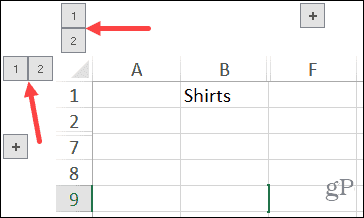 Botones numéricos de filas y columnas agrupadas en Excel en Windows