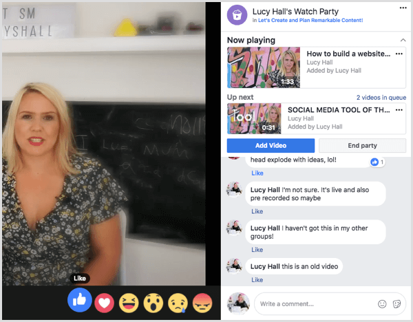 Los miembros del grupo pueden comentar y reaccionar a los videos durante una fiesta de observación de Facebook.