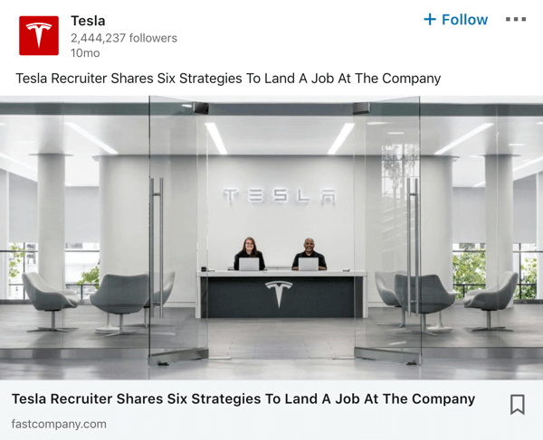 Ejemplo de publicación de la página de empresa de Tesla en LinkedIn.