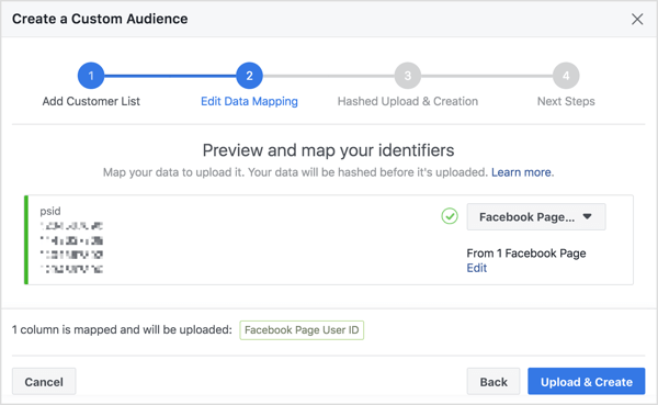 Cuando importa su lista de suscriptores del bot de Messenger para crear una audiencia personalizada, Facebook asigna su número de identificación de usuario de Facebook, que está vinculado a su perfil.