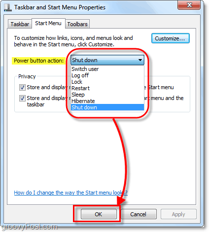 cambiar la acción del botón de encendido del menú de inicio en Windows 7