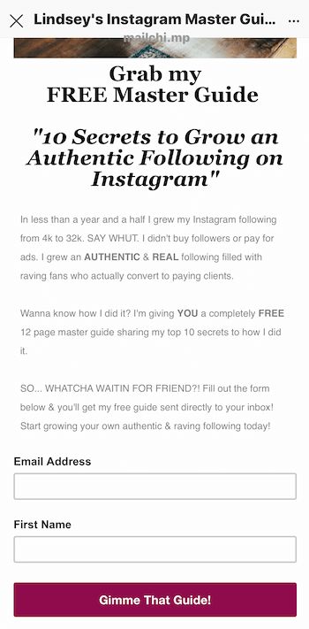 ejemplo de página de destino para lead magnet promocionado en la historia de Instagram
