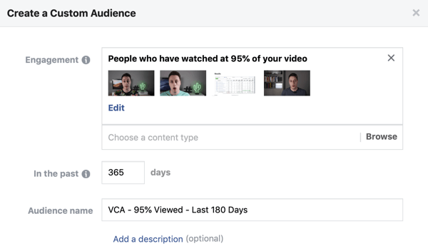 Configuración de opciones para crear una audiencia personalizada en Facebook de personas que ven un video en Facebook o Instagram.