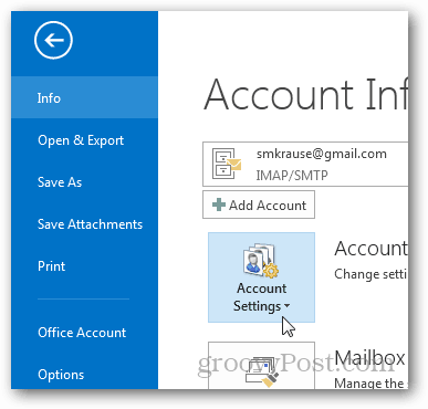 cómo crear un archivo pst para Outlook 2013 - haga clic en configuración de la cuenta
