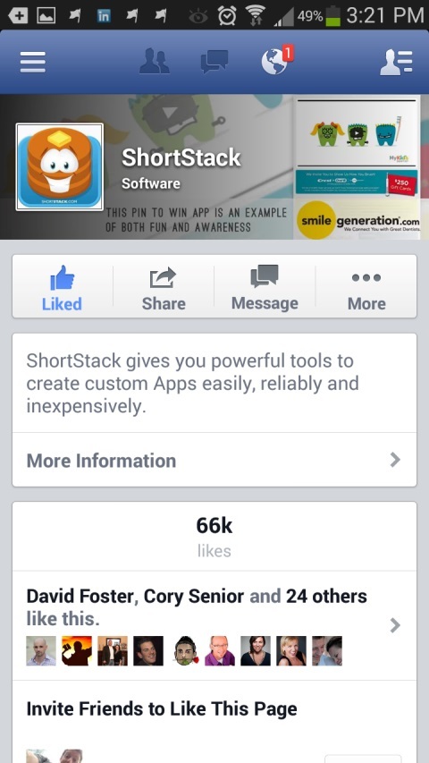 página de facebook shortstack en dispositivo móvil