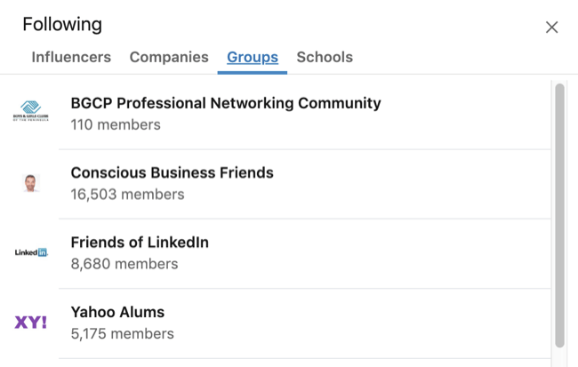 Cuadro de intereses ampliado del perfil de LinkedIn con la pestaña Grupo seleccionada
