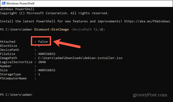 éxito de la unidad de desmontaje de powershell