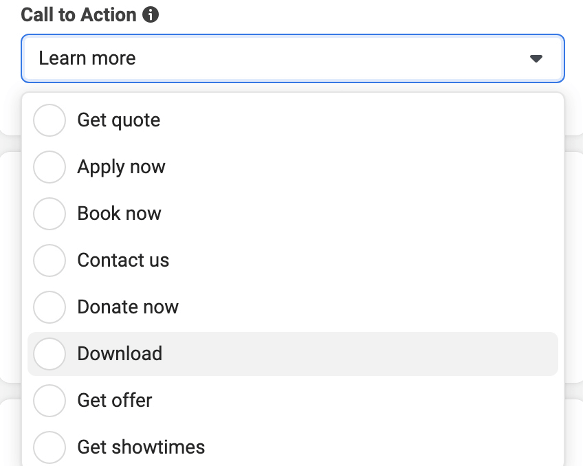 imagen de las opciones del botón Llamada a la acción en Meta Ads Manager