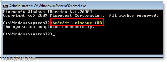 Captura de pantalla de Windows 7: ingrese bcdedit / timeout 180 en el cmd