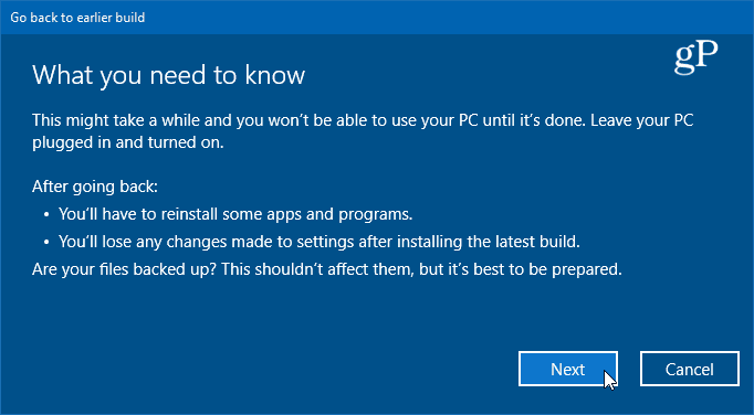 detalles sobre la reversión a la versión anterior de Windows 10