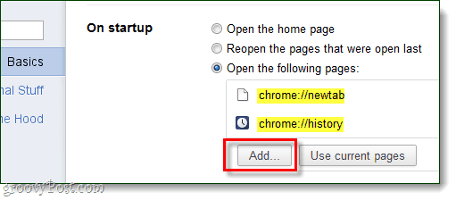 Inicio de Chrome Agregar páginas para abrir