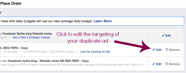 Edite la configuración de un conjunto de anuncios de Facebook duplicado.