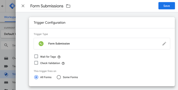 Utilice Google Tag Manager con Facebook, paso 20, opciones de configuración de envío de formularios de Google Tag Manager