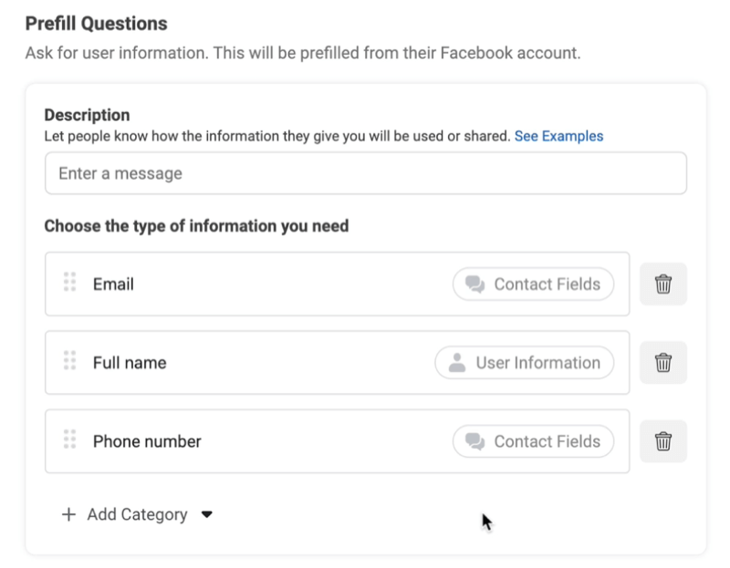 Los anuncios de clientes potenciales de Facebook crean una nueva opción de formulario de clientes potenciales para agregar preguntas previas con ejemplos de correo electrónico, nombre completo y número de teléfono