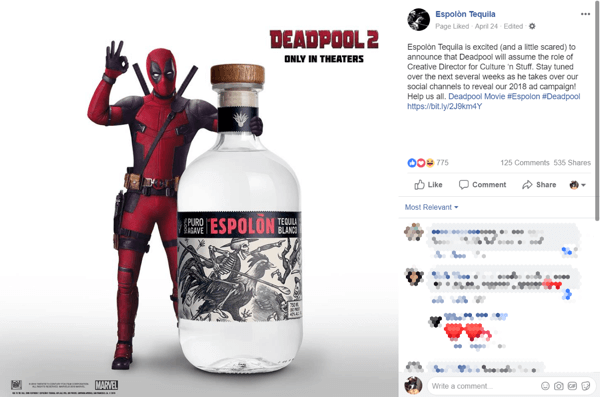 El rumor inicial de la adquisición de Deadpool hizo que la gente hablara y compartiera la marca Espolòn.