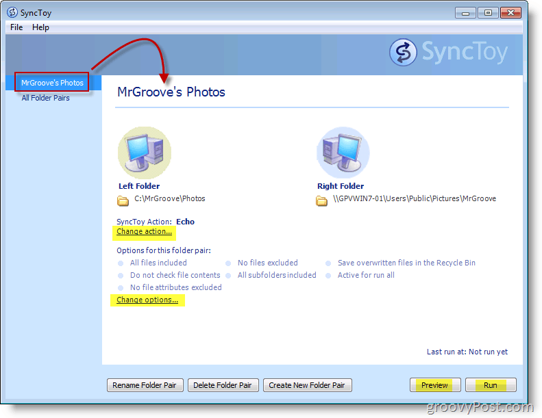 Captura de pantalla del menú principal de Microsoft SyncToy