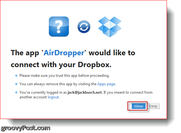 AirDropper Dropbox: conecte la aplicación a Dropbox
