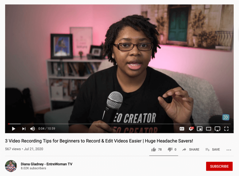 captura de pantalla de un video de televisión entrewoman que ofrece 3 consejos para que los principiantes graben y editen videos más fácilmente