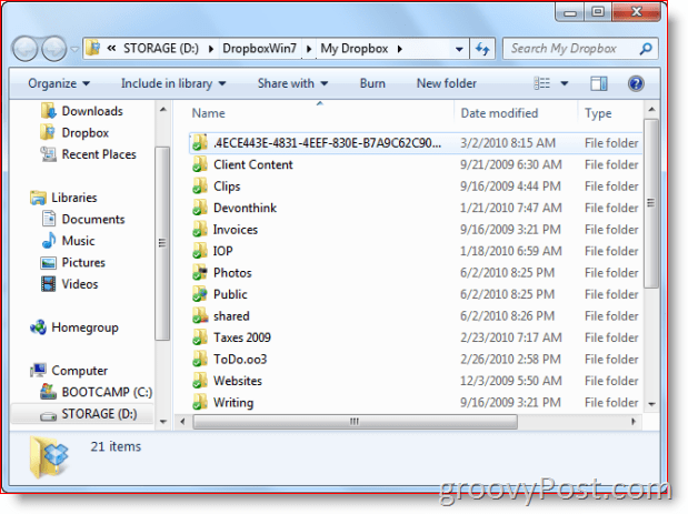 Carpeta de Dropbox en la vista de Windows 7