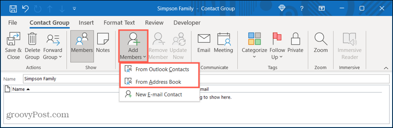 Agregar miembros a un nuevo grupo de contactos en Outlook