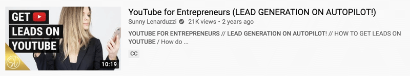 ejemplo de video de youtube por @sunnylenarduzzi de 'youtube para emprendedores (generación de clientes potenciales en piloto automático!)' que muestra 21 mil visitas en los últimos 2 años